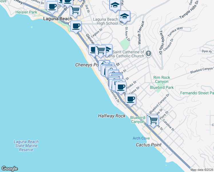 map of restaurants, bars, coffee shops, grocery stores, and more near 1045 Gaviota Drive in Laguna Beach
