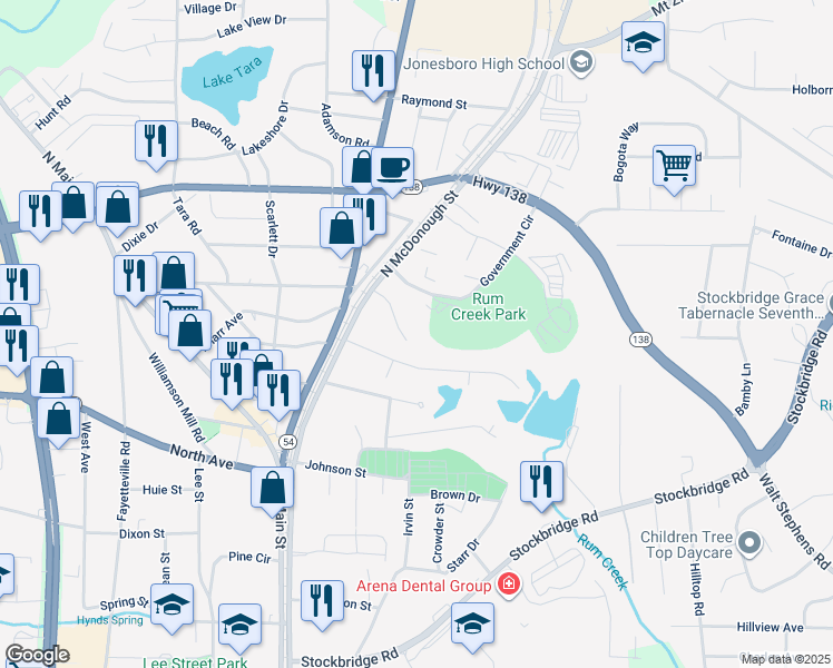 map of restaurants, bars, coffee shops, grocery stores, and more near 112 Burkshire Court in Jonesboro