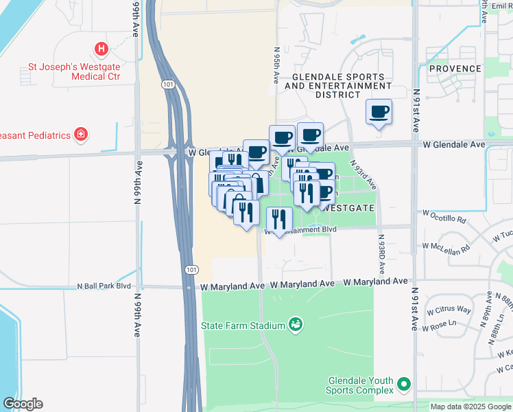 map of restaurants, bars, coffee shops, grocery stores, and more near 6800 North 95th Avenue in Glendale