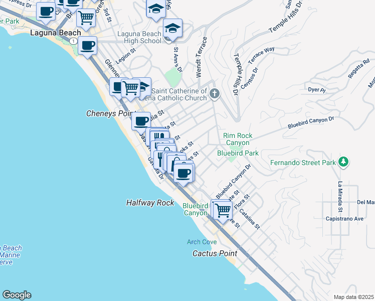 map of restaurants, bars, coffee shops, grocery stores, and more near 455 Brooks Street in Laguna Beach