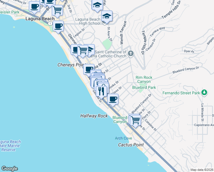map of restaurants, bars, coffee shops, grocery stores, and more near 1165 Catalina Street in Laguna Beach
