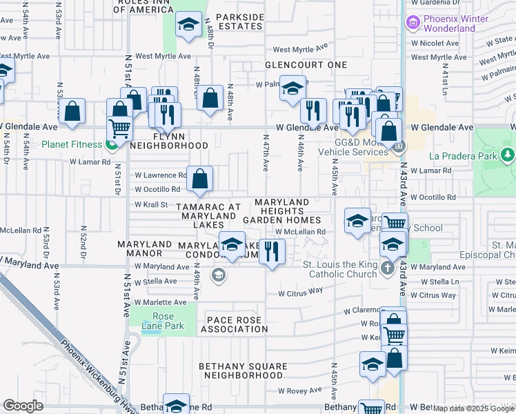 map of restaurants, bars, coffee shops, grocery stores, and more near 6630 North 47th Avenue in Glendale