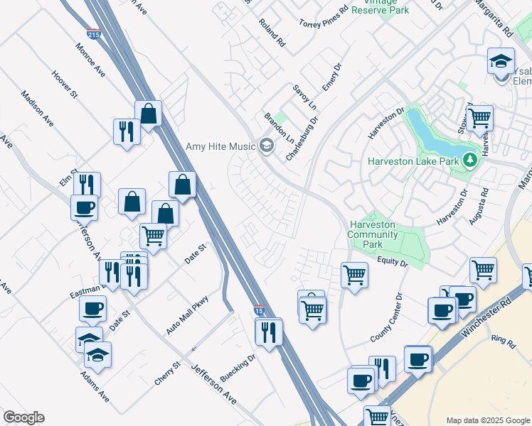 map of restaurants, bars, coffee shops, grocery stores, and more near 40709 Melrose Drive in Temecula