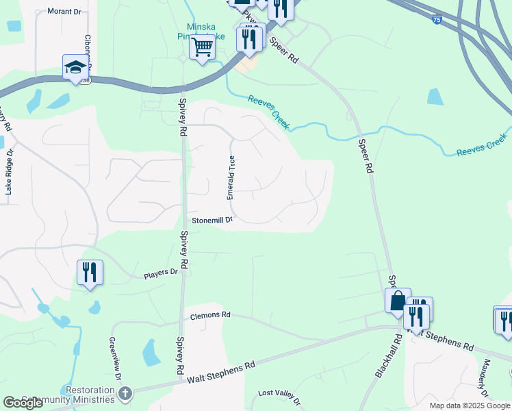 map of restaurants, bars, coffee shops, grocery stores, and more near 616 Creekstone Court in Jonesboro