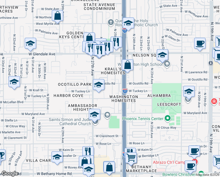 map of restaurants, bars, coffee shops, grocery stores, and more near 2551 West Ocotillo Road in Phoenix