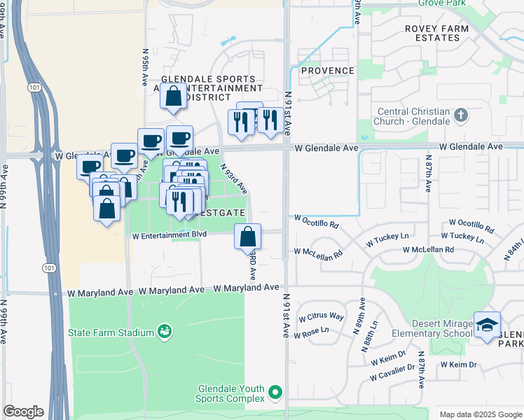 map of restaurants, bars, coffee shops, grocery stores, and more near 6745 North 93RD Avenue in Glendale