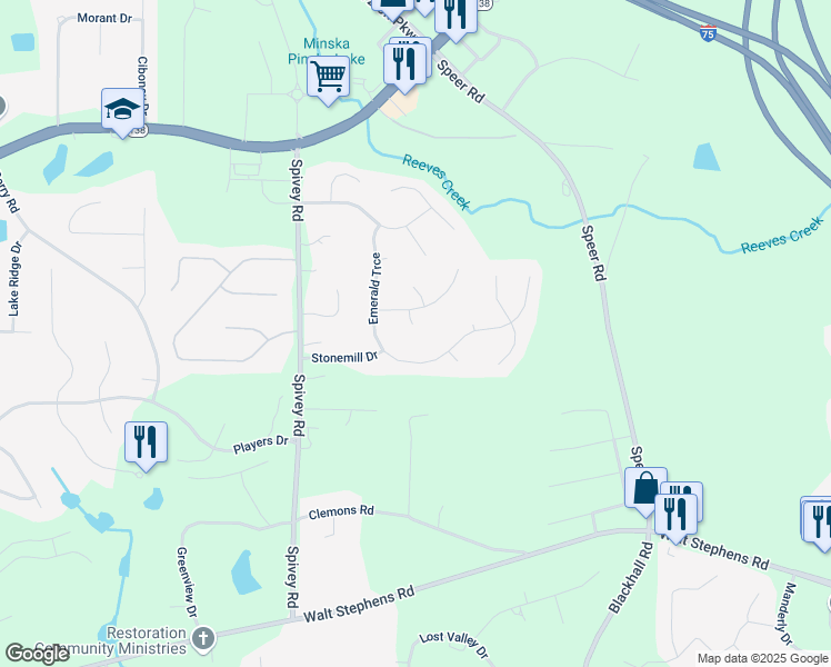 map of restaurants, bars, coffee shops, grocery stores, and more near 617 Creekstone Court in Jonesboro