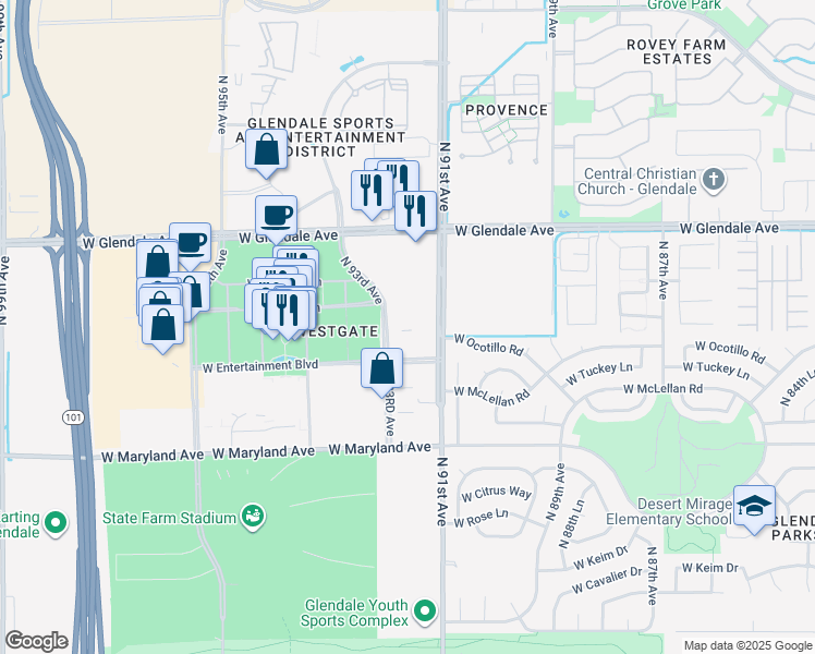 map of restaurants, bars, coffee shops, grocery stores, and more near 1105 North 93RD Avenue in Glendale