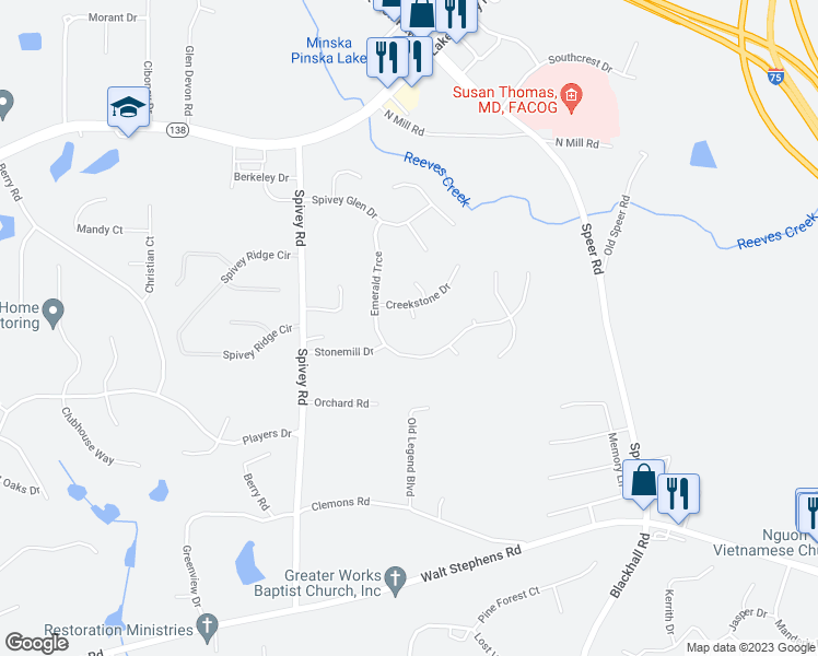 map of restaurants, bars, coffee shops, grocery stores, and more near 616 Creekstone Court in Jonesboro