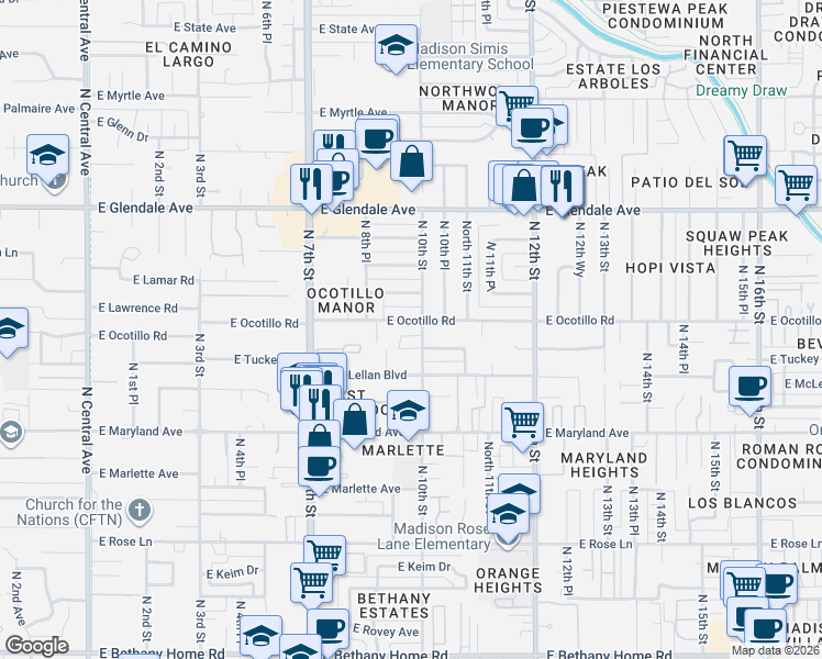 map of restaurants, bars, coffee shops, grocery stores, and more near 1002 East Tuckey Lane in Phoenix