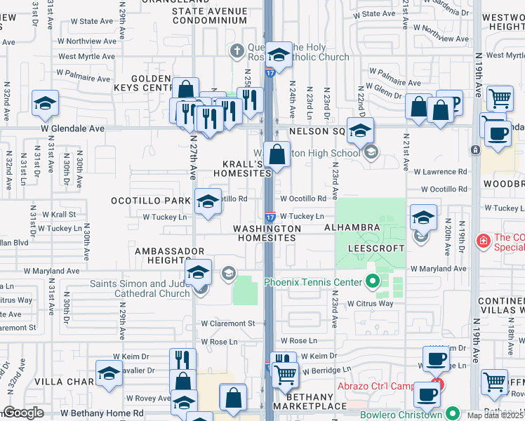 map of restaurants, bars, coffee shops, grocery stores, and more near 2501 West Ocotillo Road in Phoenix