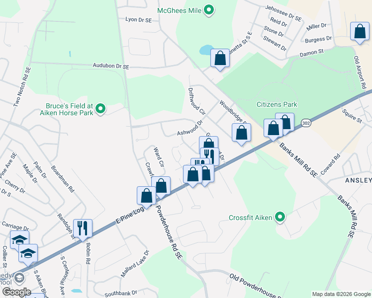 map of restaurants, bars, coffee shops, grocery stores, and more near 106 Meadow Wood Place in Aiken