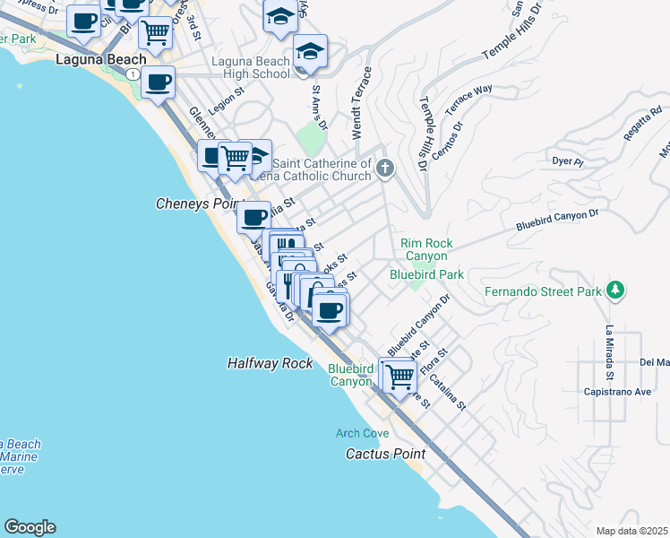 map of restaurants, bars, coffee shops, grocery stores, and more near 455 Brooks Street in Laguna Beach