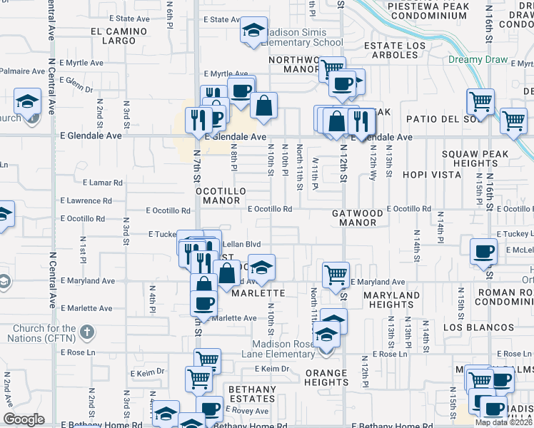 map of restaurants, bars, coffee shops, grocery stores, and more near 1002 East Tuckey Lane in Phoenix
