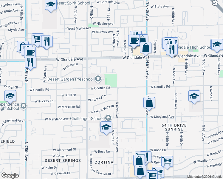 map of restaurants, bars, coffee shops, grocery stores, and more near 6932 West Tuckey Lane in Glendale