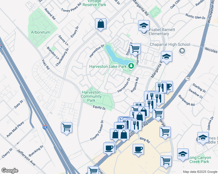 map of restaurants, bars, coffee shops, grocery stores, and more near 28770 Oak Park Lane in Temecula