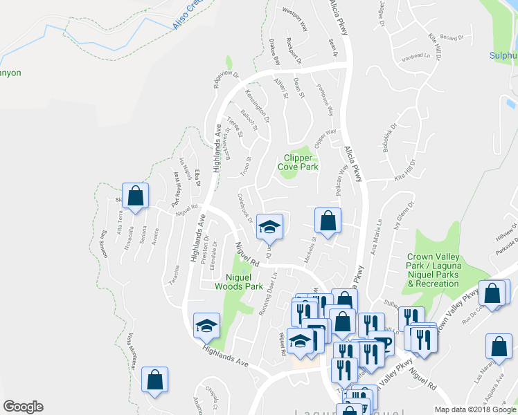 map of restaurants, bars, coffee shops, grocery stores, and more near 23482 Belmar Drive in Laguna Niguel