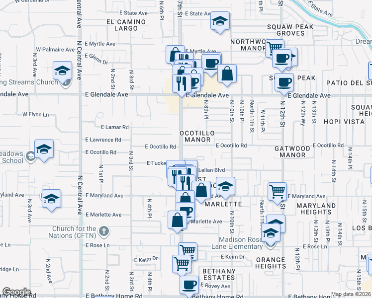 map of restaurants, bars, coffee shops, grocery stores, and more near in Phoenix