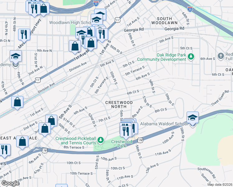map of restaurants, bars, coffee shops, grocery stores, and more near 5423 6th Court South in Birmingham