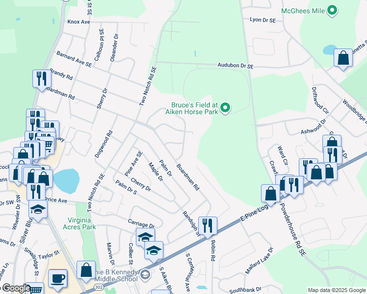 map of restaurants, bars, coffee shops, grocery stores, and more near 210 Dunbarton Circle in Aiken