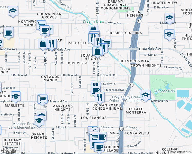 map of restaurants, bars, coffee shops, grocery stores, and more near 6650 North 16th Street in Phoenix