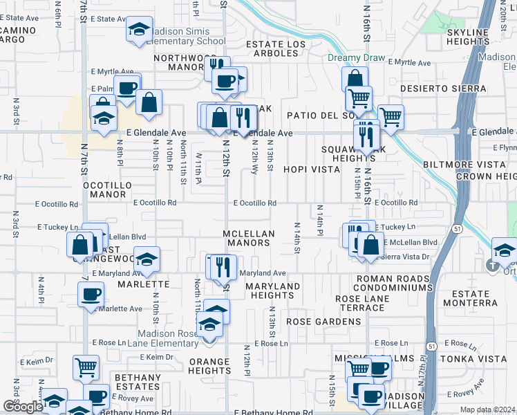 map of restaurants, bars, coffee shops, grocery stores, and more near 1240 East Tuckey Lane in Phoenix