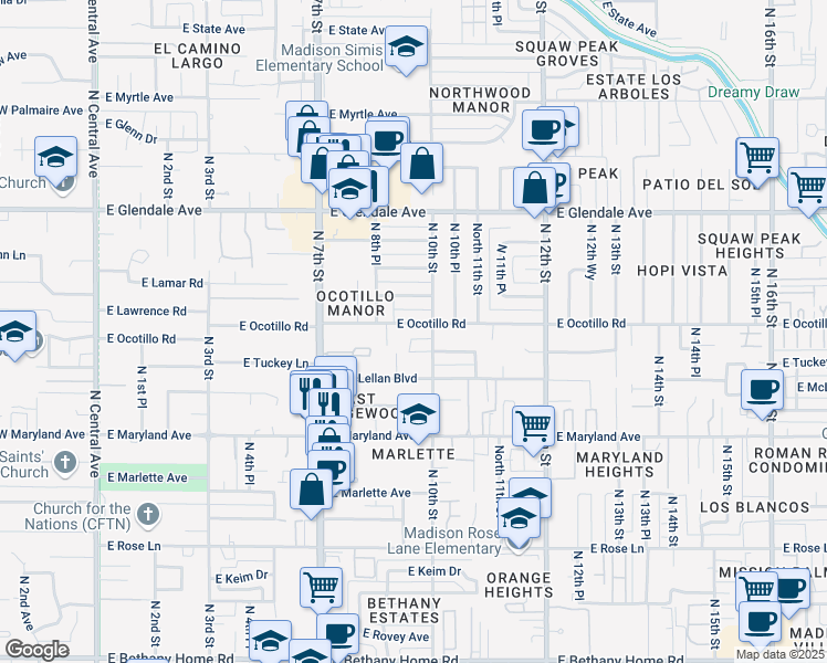 map of restaurants, bars, coffee shops, grocery stores, and more near 906 East Tuckey Lane in Phoenix