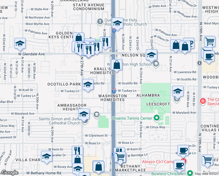 map of restaurants, bars, coffee shops, grocery stores, and more near 2501 West Ocotillo Road in Phoenix