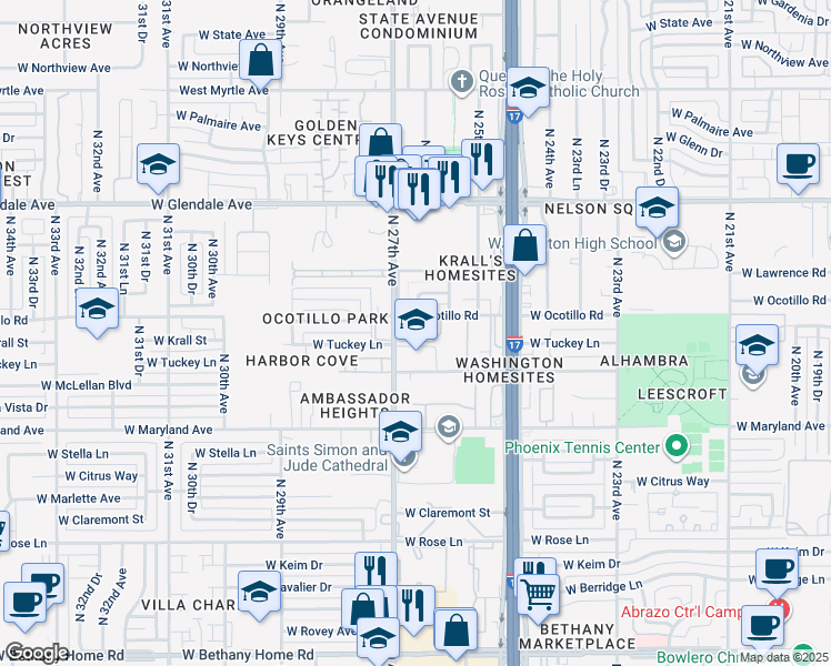 map of restaurants, bars, coffee shops, grocery stores, and more near 2675 West Ocotillo Road in Phoenix