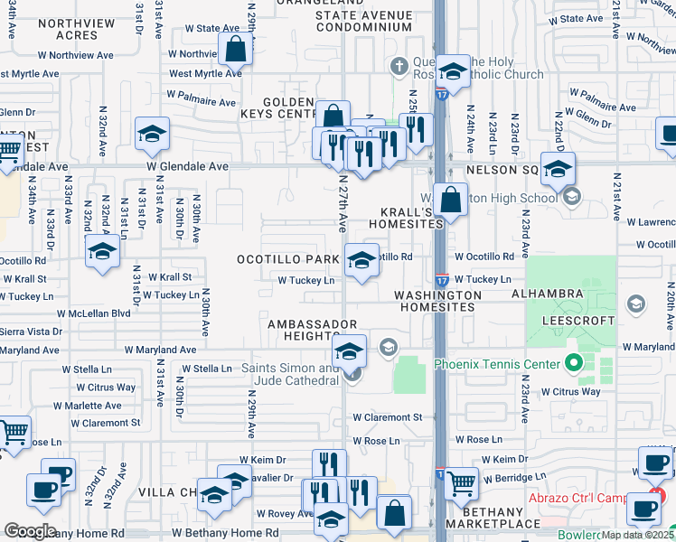 map of restaurants, bars, coffee shops, grocery stores, and more near 2715 West Tuckey Lane in Phoenix