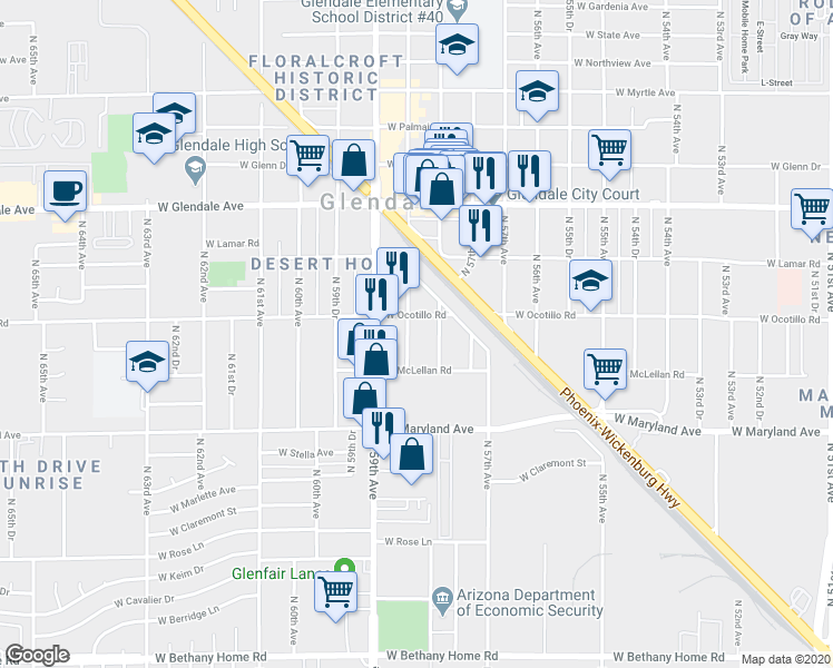 map of restaurants, bars, coffee shops, grocery stores, and more near 6621 North 58th Drive in Glendale