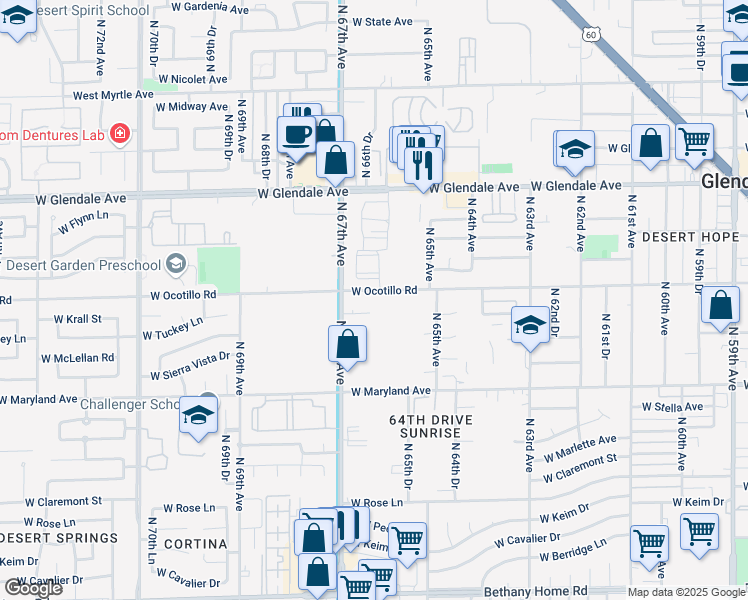 map of restaurants, bars, coffee shops, grocery stores, and more near 6617 West Ocotillo Road in Glendale