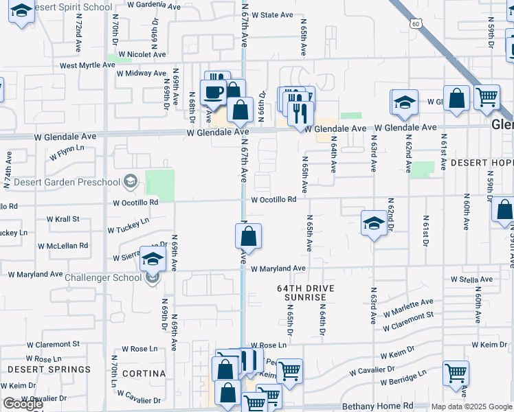 map of restaurants, bars, coffee shops, grocery stores, and more near 6633 North 67th Avenue in Glendale