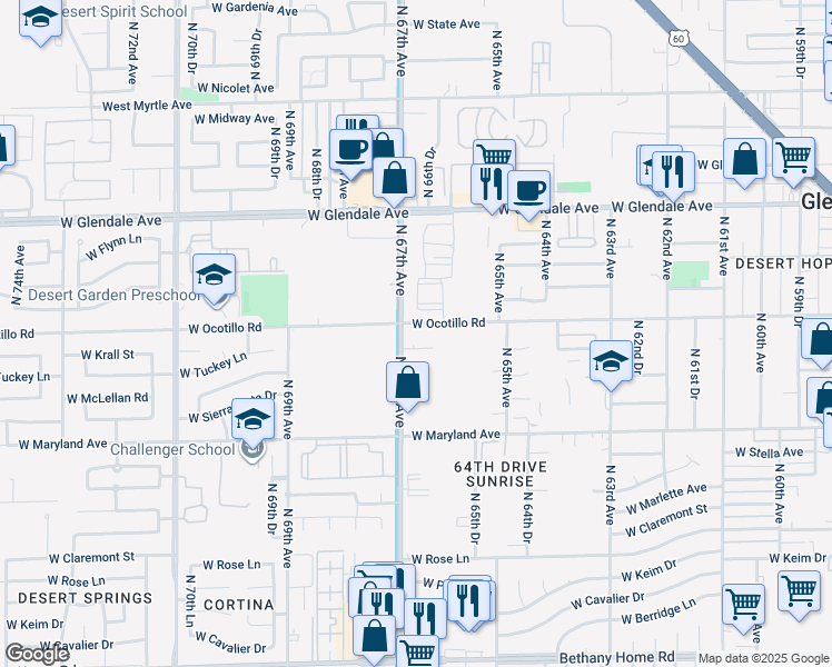 map of restaurants, bars, coffee shops, grocery stores, and more near 6633 North 67th Avenue in Glendale