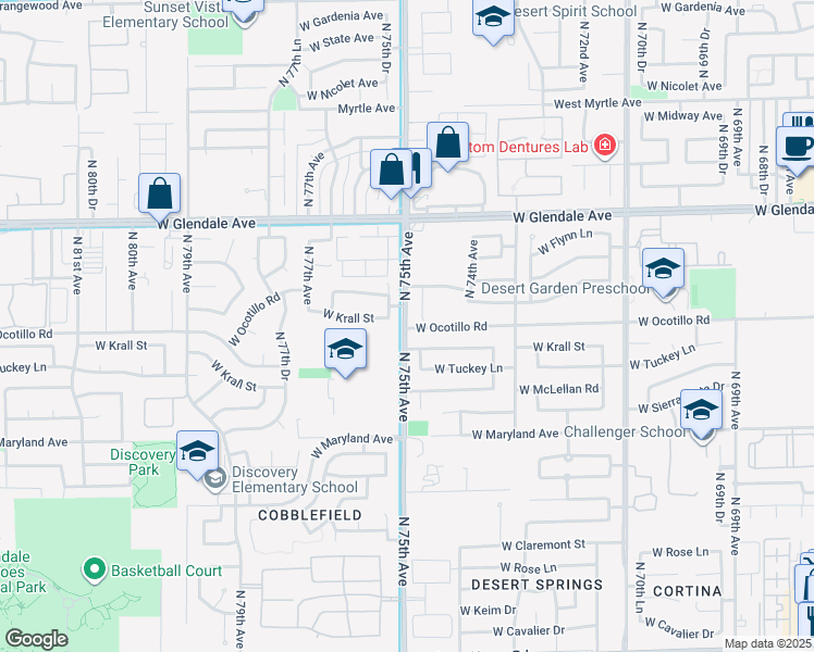 map of restaurants, bars, coffee shops, grocery stores, and more near 7555 West Krall Street in Glendale