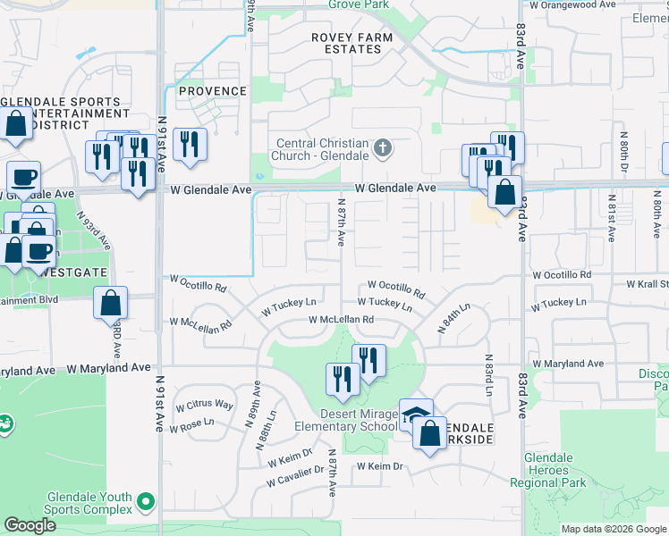 map of restaurants, bars, coffee shops, grocery stores, and more near 8702 West Ocotillo Road in Glendale