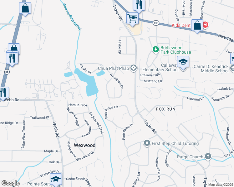 map of restaurants, bars, coffee shops, grocery stores, and more near 8109 Woodlake Drive in Riverdale
