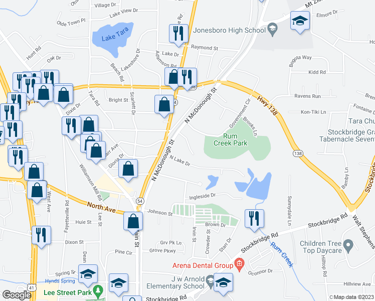 map of restaurants, bars, coffee shops, grocery stores, and more near 108 Burkshire Court in Jonesboro