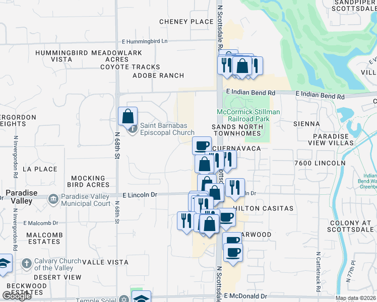 map of restaurants, bars, coffee shops, grocery stores, and more near 6635 North 70th Place in Paradise Valley