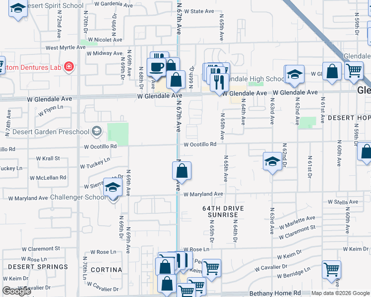 map of restaurants, bars, coffee shops, grocery stores, and more near 6633 North 67th Avenue in Glendale