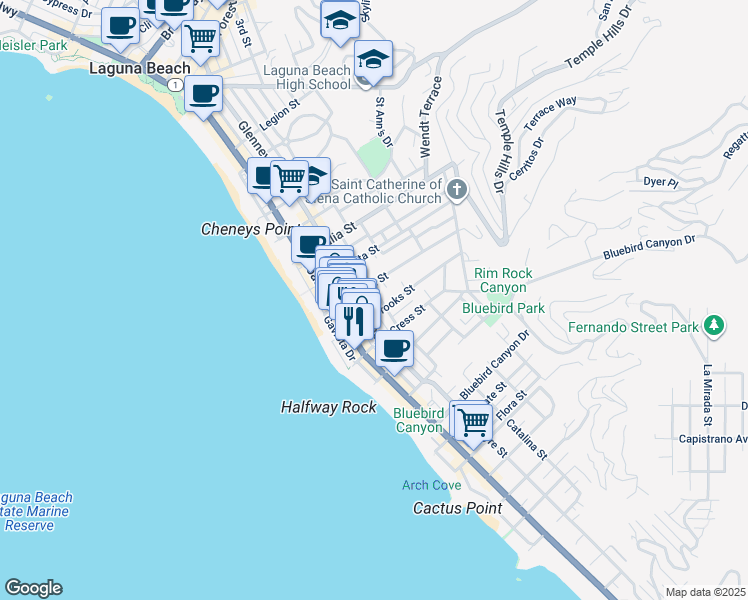 map of restaurants, bars, coffee shops, grocery stores, and more near 1155 Catalina Street in Laguna Beach