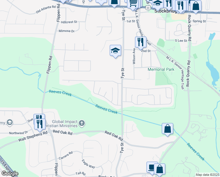 map of restaurants, bars, coffee shops, grocery stores, and more near 413 Tina Hely Court in Stockbridge