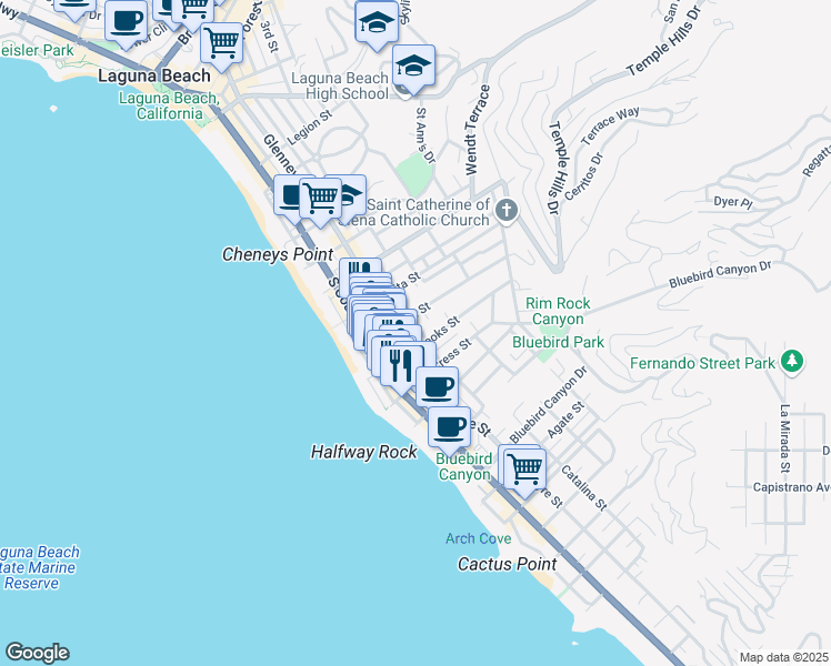 map of restaurants, bars, coffee shops, grocery stores, and more near 1155 Catalina Street in Laguna Beach