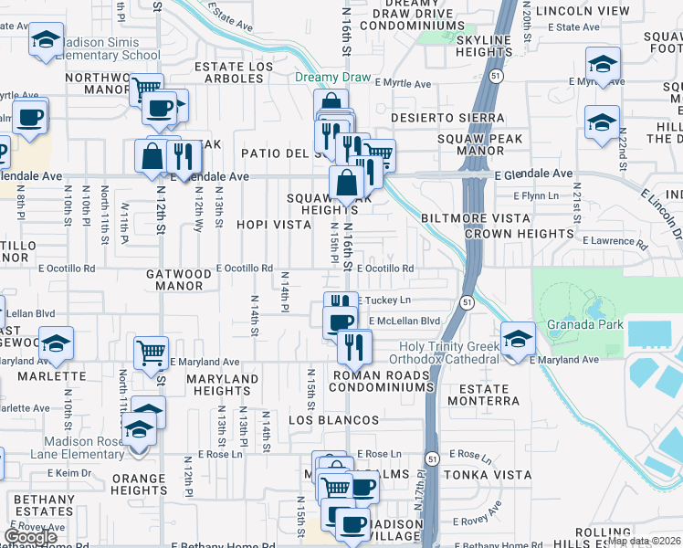 map of restaurants, bars, coffee shops, grocery stores, and more near 6650 North 16th Street in Phoenix