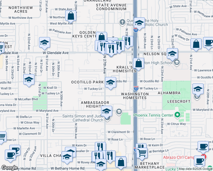 map of restaurants, bars, coffee shops, grocery stores, and more near 2675 West Ocotillo Road in Phoenix