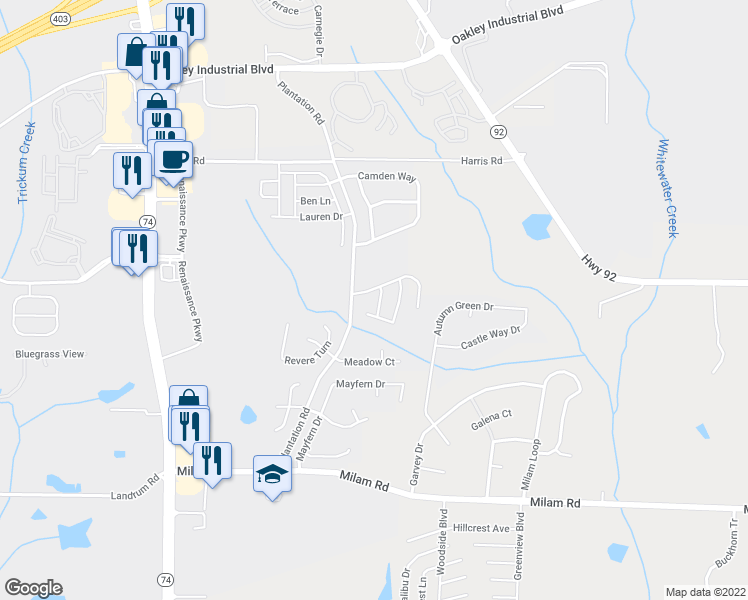 map of restaurants, bars, coffee shops, grocery stores, and more near 203 Hill Pine Road in Fairburn