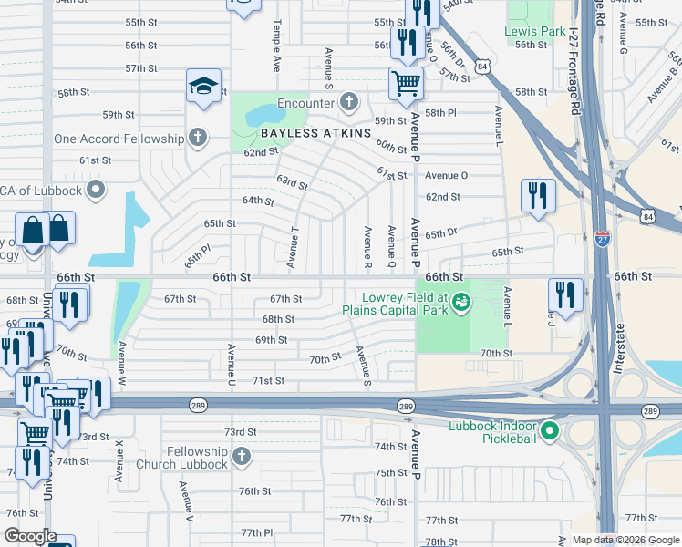 map of restaurants, bars, coffee shops, grocery stores, and more near 1805 66th Street in Lubbock