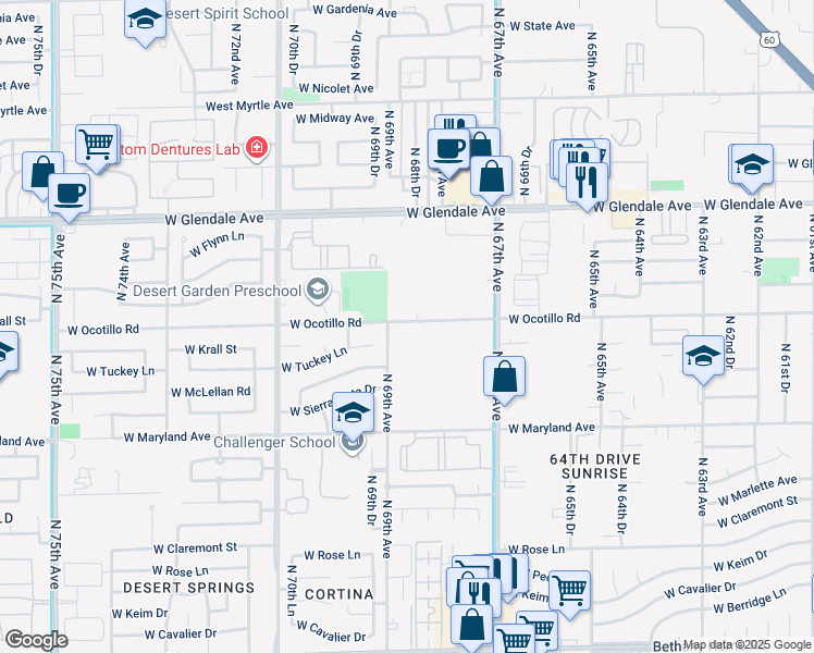 map of restaurants, bars, coffee shops, grocery stores, and more near 6801 West Ocotillo Road in Glendale