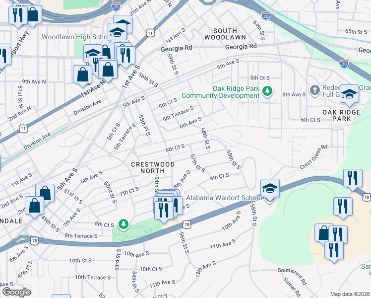 map of restaurants, bars, coffee shops, grocery stores, and more near 5620 7th Avenue South in Birmingham