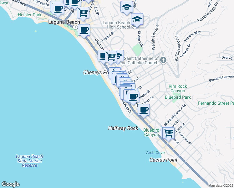 map of restaurants, bars, coffee shops, grocery stores, and more near 1045 Gaviota Drive in Laguna Beach
